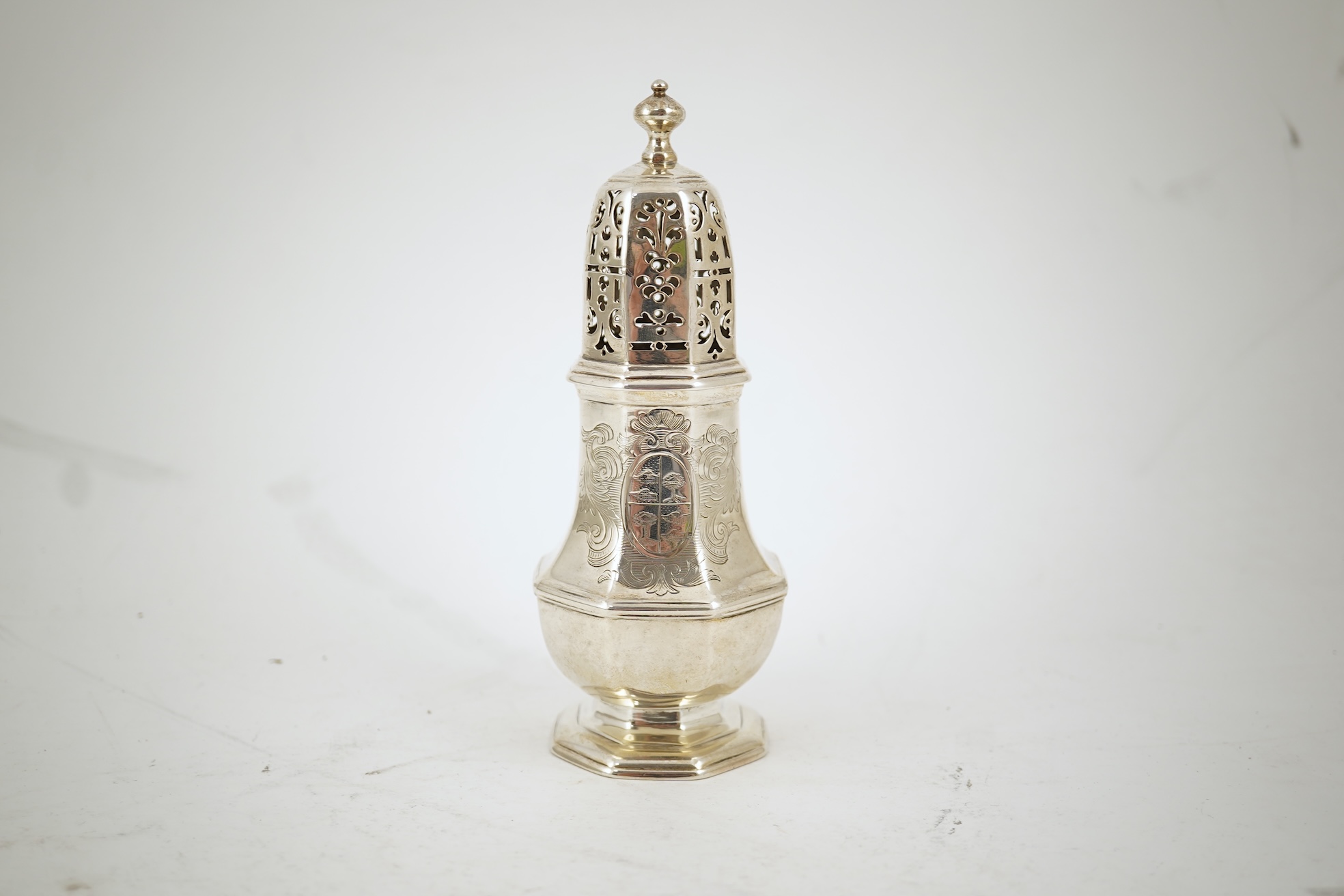 A late George I silver octagonal sugar caster, maker's mark overstruck by the date letter